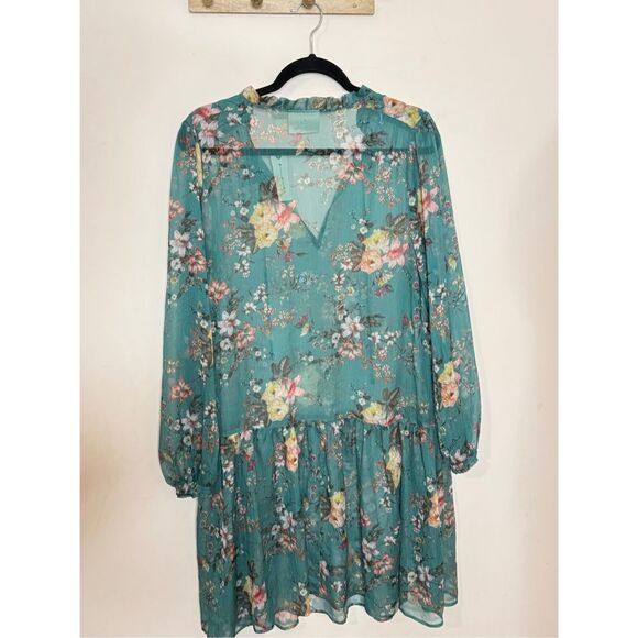 Anthropologie Maeve Emmy Teal Green Floral Printed Puff Sleeve Tunic Dress M - Picture 5 of 5